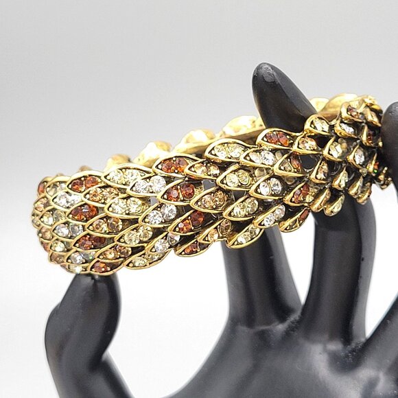 Rhinestone Feather Hinged Bangle Bracelet Clamper Tan White Gold Tone Metal - Picture 3 of 9